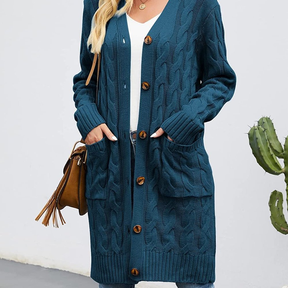 NWT Merokeety Pocket Knitted long teal cardigan
